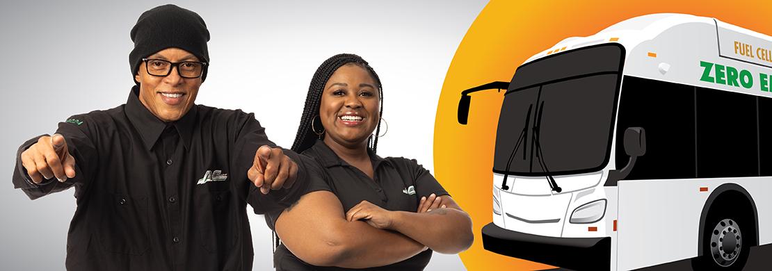 Two AC Transit operators in front of a zero emission bus